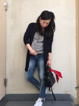 「Ungrid（アングリッド）のフレイドヘムストスリ（デニムパンツ）」を使った、＊:)ayaさん（レディース・160cm）の春コーディネート