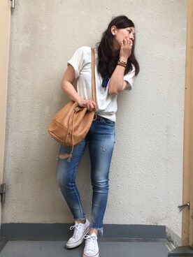 「Ungrid（アングリッド）のフレイドヘムストスリ（デニムパンツ）」を使った、＊:)ayaさん（レディース・160cm）の春コーディネート