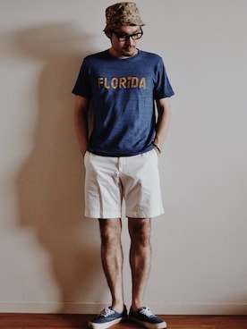 「青いTシャツ」｜「アイテム（帽子）」を使った、LION-DOさん（メンズ・178cm）の夏コーディネート