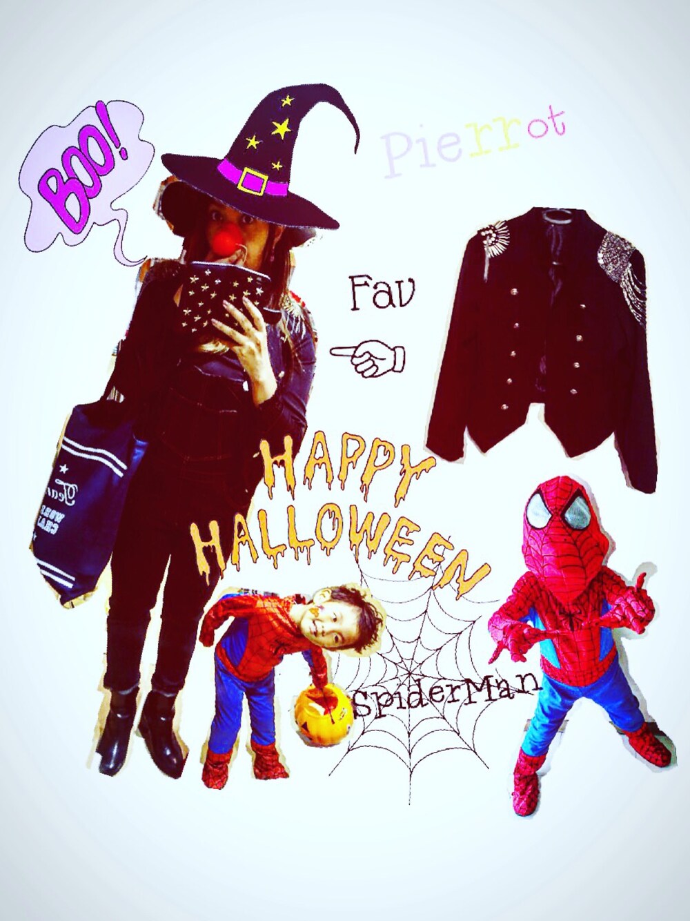 「ハロウィン、イベント、親子コーデ、コスプレ、kids、スパイダーマン、男の子、ピエロ、オーバーオール、ママコーデ」｜「メルカリのアイテム（つなぎ/オールインワン、レッド系）」を使った、Ranto_kurikimiさん（レディース・163cm）の秋コーディネートの1枚目の写真