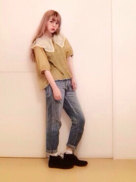 「ラフォーレ原宿で購入のアイテム（メガネ、ゴールド系）」を使った、sayaさん（レディース・160cm）の夏コーディネート