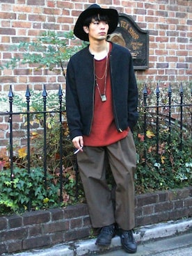 「unrelaxing（アンリラクシング）のアイテム（帽子）」を使った、MEMENTISM STAFF2さん（メンズ・170cm）の冬コーディネート