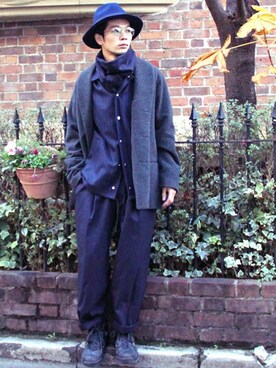 「unrelaxing（アンリラクシング）のアイテム（帽子）」を使った、MEMENTISM STAFF2さん（メンズ・170cm）の冬コーディネート
