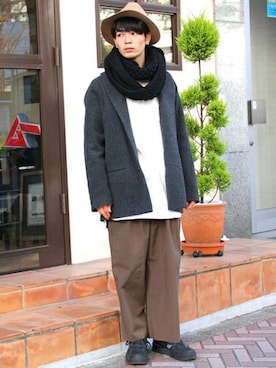「unrelaxing（アンリラクシング）のアイテム（パーカー）」を使った、MEMENTISM STAFF2さん（メンズ・170cm）の冬コーディネート