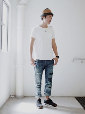 「アイテム（サンバイザー、ブラウン系）」を使った、Fung Lanさん（メンズ・178cm）の夏コーディネート