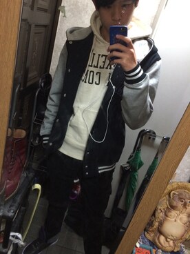 「DOUBLE STEAL（ダブルスティール）のアイテム（スタジャン、ブラック系）」を使った、Masafumiさんの冬コーディネート