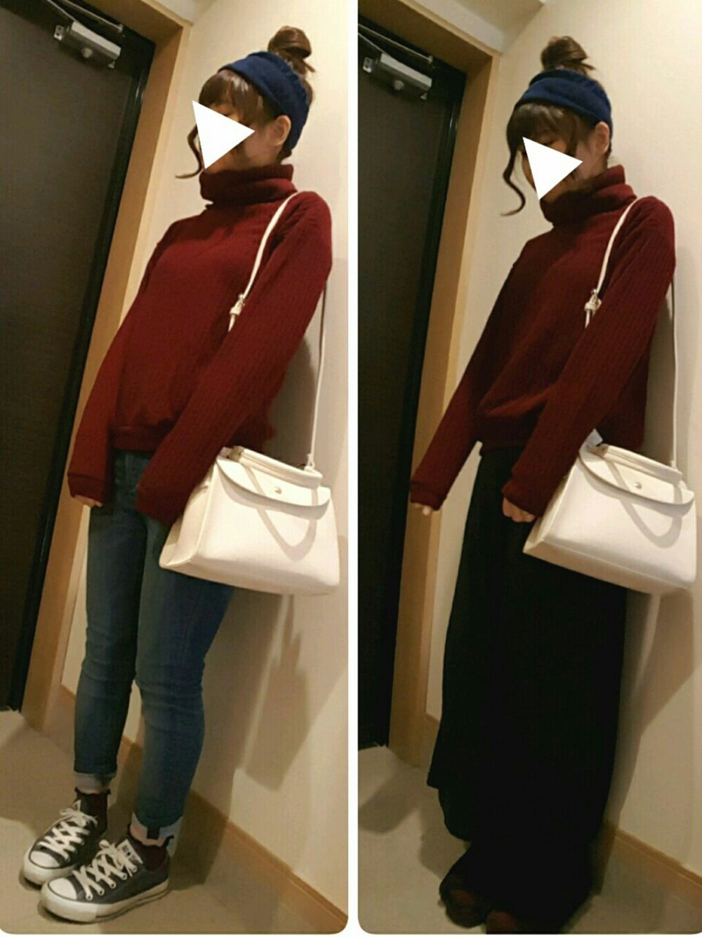 ブラック系のサンダル、ブルー系のスニーカー、レッド系のニット/セーターを着用したレディースの秋コーディネートの1枚目の写真