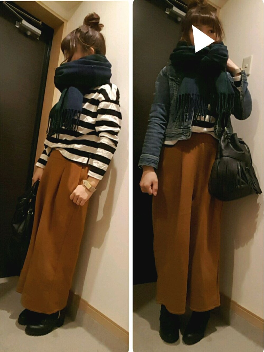 ブラック系のブーツ、ブラック系のバッグ、ホワイト系のTシャツ/カットソーを着用したレディースの秋コーディネートの1枚目の写真