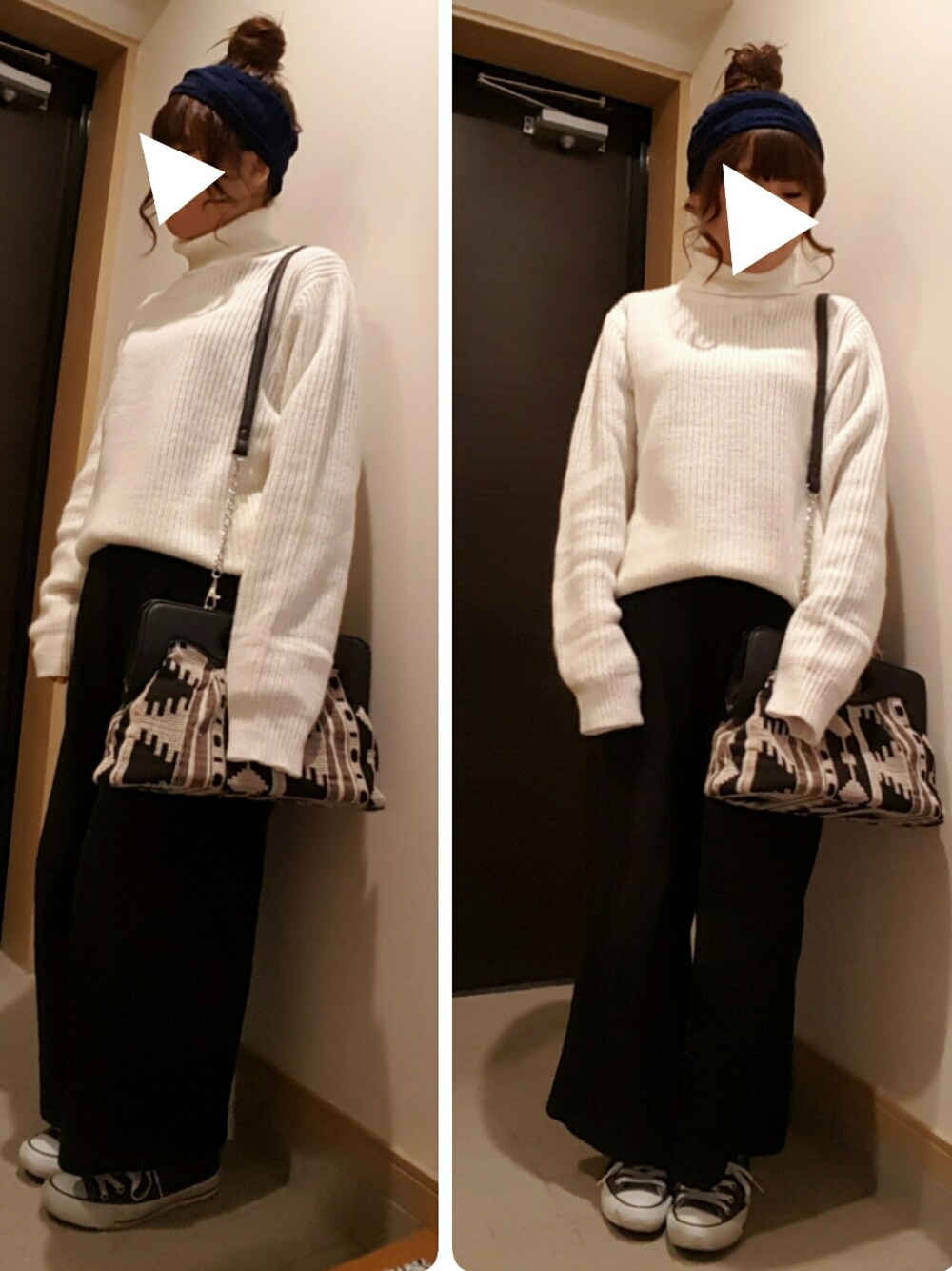 ホワイト系のニット/セーター、その他のショルダーバッグ、ブラック系のその他パンツを着用したレディースの冬コーディネートの1枚目の写真