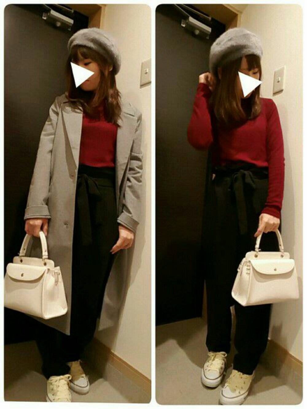 ホワイト系のスニーカー、ブラック系のパンツ、グレー系のチェスターコートを着用したレディースの冬コーディネートの1枚目の写真