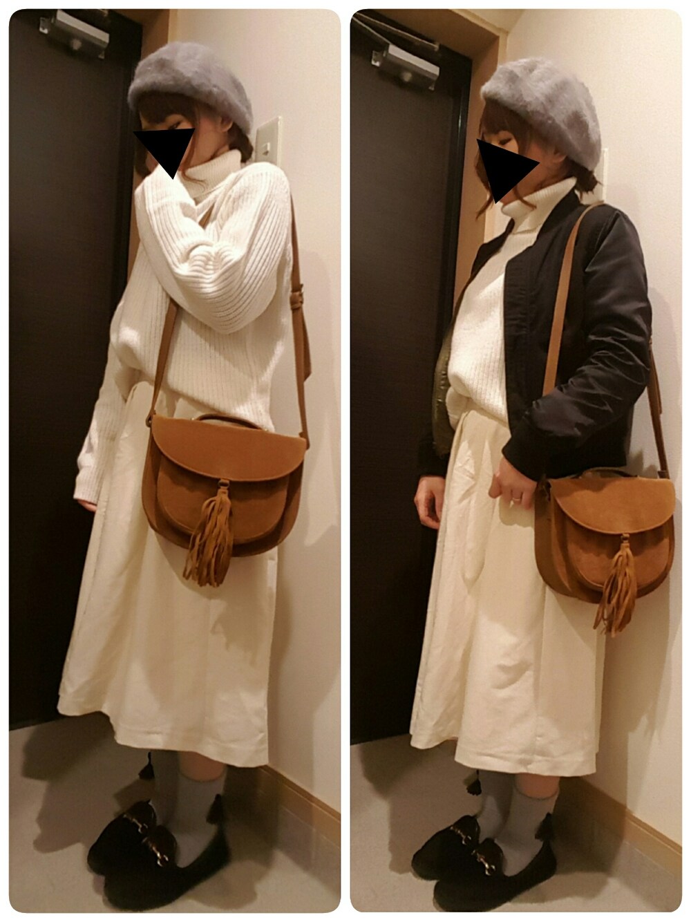 ブラック系のその他シューズ、ブラウン系のバッグ、ホワイト系のニット/セーターを着用したレディースの冬コーディネートの1枚目の写真