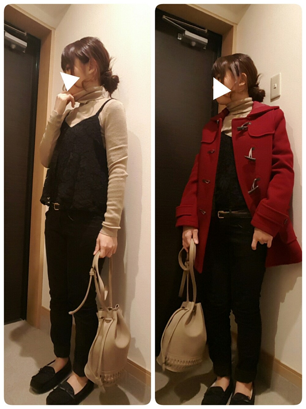 「リブニット、休日スタイル、冬、レイヤードスタイル、黒スキニー、ダッフルコート、低身長、Doシンプル部、12月WEAR月間タグファン感謝祭、チビーズ✳︎」｜「earth music&ecologyの【2016Autumn】《スキスキスキニー》カラースキニーパンツ（その他パンツ、ブラック系）」を使った、あ やさん（レディース・147cm）の冬コーディネートの1枚目の写真