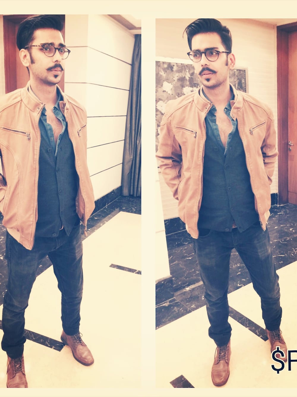 「mensfasion、menstyle、streetstyle、india」｜「Van huesenのアイテム（シャツ/ブラウス、ブルー系）」を使った、Saurav Rathiさん（メンズ・182cm）の冬コーディネートの1枚目の写真