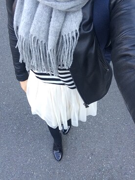 「ボーダーニット」｜「アイテム（ノーカラージャケット）」を使った、快獣☆ブースカさん（レディース・153cm）の冬コーディネート