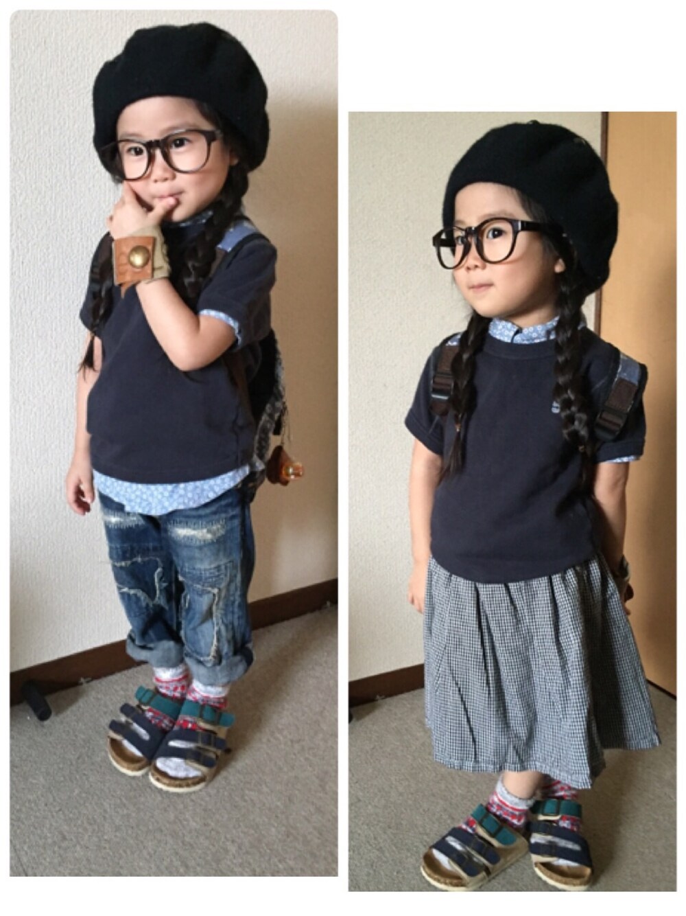 「靴下 × サンダル、リュック、重ね着、ベレー帽×メガネ、ロングスカート、無地スウェット、めがね、おめかしコーデ」｜「BNTのアイテム（スウェット、その他）」を使った、clara◡̈⃝*さん（キッズ・90cm）の春コーディネートの1枚目の写真