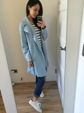 「chasingeverydaybeautyのアイテム（チェスターコート、ブルー系）」を使った、_sさん（レディース・163cm）の冬コーディネート
