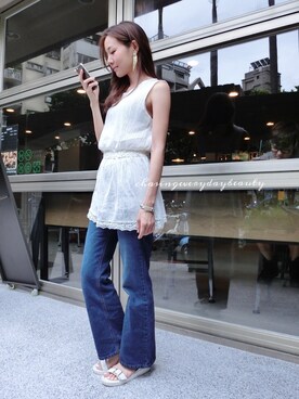 「MOUSSY（マウジー）のアイテム（タンクトップ、ホワイト系）」を使った、_sさん（レディース・163cm）の夏コーディネート