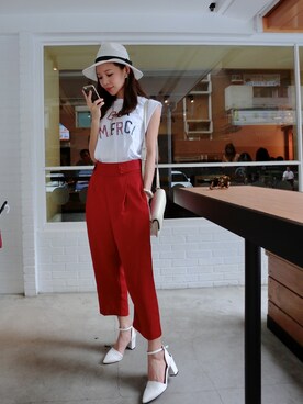 「chasingeverydaybeautyのアイテム（Tシャツ/カットソー、ホワイト系）」を使った、_sさん（レディース・163cm）の夏コーディネート