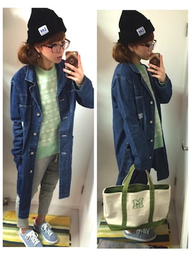 「スウエットパンツ」｜「アイテム（デニムジャケット）」を使った、MINAさん（レディース・158cm）の冬コーディネート