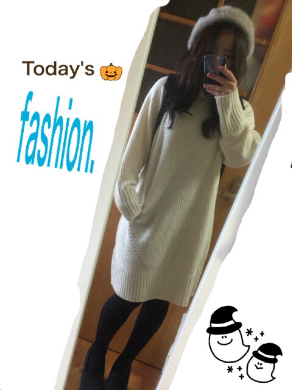 「ニットワンピース、ベレー帽、Champion、寒い日」｜「one after another NICE CLAUPの【mina12月号掲載 ナイスクラップ】ＭＩＸヤーンタートルプルオーバー（ニット/セーター、ホワイト系）」を使った、あいたん(∗•ω•∗)さん（レディース・146cm）の秋コーディネートの1枚目の写真