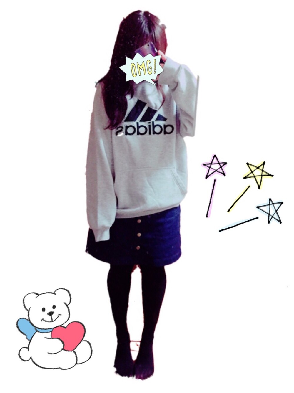 「パーカー、グレー、adidas、デニムスカート、カジュアル」｜「adidasのアイテム（パーカー、グレー系）」を使った、あいたん(∗•ω•∗)さん（レディース・146cm）の秋コーディネートの1枚目の写真