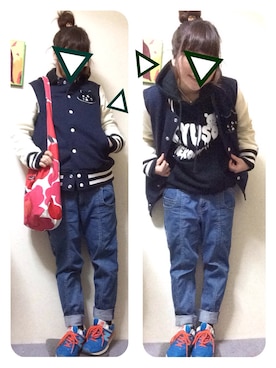 「にゃー」｜「アイテム（スタジャン）」を使った、さえぽんさん（レディース・153cm）の冬コーディネート