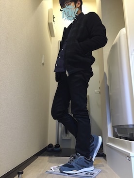 「ネイビーコーデ」｜「アイテム（スタジャン）」を使った、知蔵さん（メンズ・162cm）の冬コーディネート
