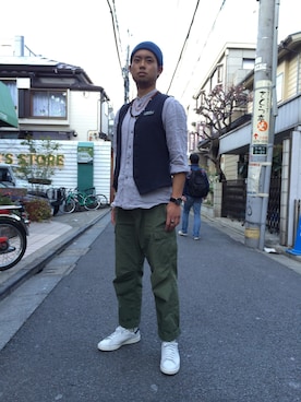 「Engineered Garments（エンジニアードガーメンツ）のアイテム（その他）」を使った、永島秀都さん（メンズ・178cm）の春コーディネート