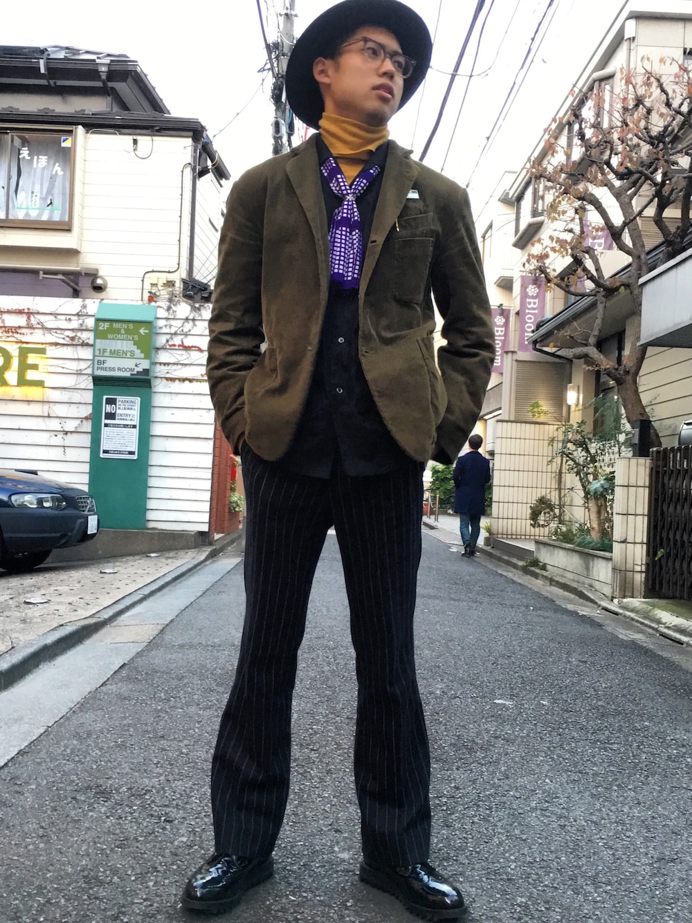 「フリークスストア、フリークスストア(FREAK'S STORE)、ENGINEERED GARMENTS、tim.、yuketen、NEEDLES、ジャケット、レザーシューズ、ハット」｜「STETTSONのアイテム（ハット、ブラック系）」を使った、永島秀都さん（メンズ・178cm）の冬コーディネートの1枚目の写真