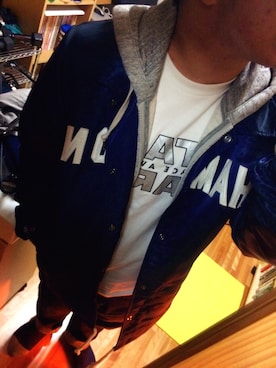 「Champion（チャンピオン）のアイテム（ジャケット/アウター、ブルー系）」を使った、シマさん（メンズ・151cm）の冬コーディネート