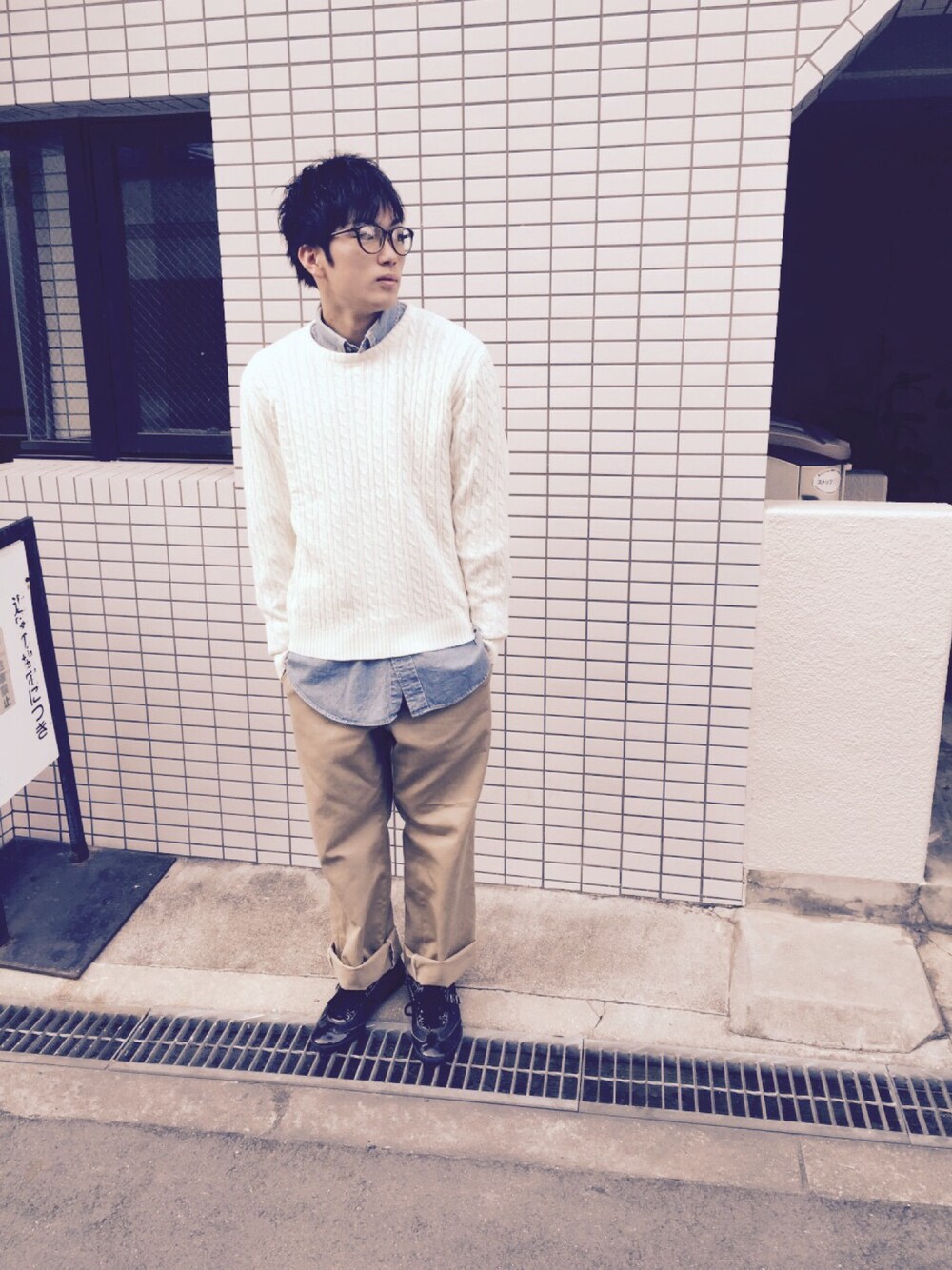 「GUの（GU）ケーブルクルーネックセーター（長袖）（トップス、ホワイト系）」を使った、AKI-Ｔさん（メンズ・175cm）の秋コーディネートの1枚目の写真