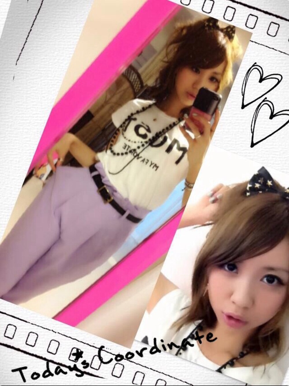「Tシャツ、リボン、サルエルパンツ、moussy、murua、パープル、ポニーテール、大振りアクセサリー、パンツスタイル」｜「MURUAのサルエルパンツ♪（その他パンツ、パープル系）」を使った、今泉あいぽんさん（レディース・163cm）の春コーディネートの1枚目の写真