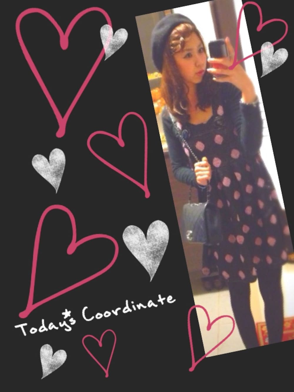 「ワンピース、ベレー帽、chanel、シャネル、ドット柄、三つ編み、PAGEBOY、黒×ピンク、ページボーイ」｜「CHANELのCHANEL ショルダーバッグ ブラック（ショルダーバッグ、ブラック系）」を使った、今泉あいぽんさん（レディース・163cm）の春コーディネートの1枚目の写真