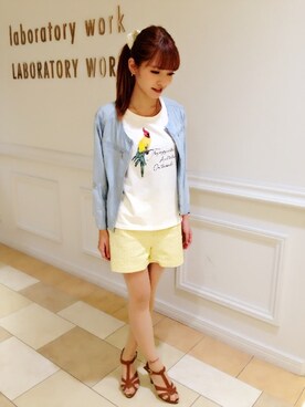 「laboratory work（ラボラトリーワーク）のコットン天竺オウム刺繍Tシャツ（Tシャツ/カットソー、ホワイト系）」を使った、saori.mさん（レディース・158cm）の夏コーディネート