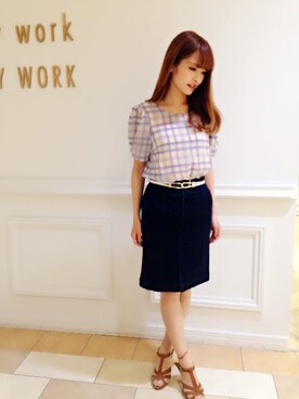 「laboratory work（ラボラトリーワーク）のチェックタック袖ブラウス（シャツ/ブラウス、ブルー系）」を使った、saori.mさん（レディース・158cm）の夏コーディネート