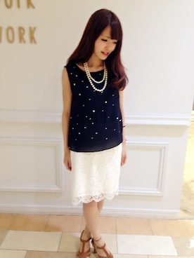 「laboratory work（ラボラトリーワーク）のシフォン2枚重ねホットフィットノースリーブトップス（シャツ/ブラウス、ブルー系）」を使った、saori.mさん（レディース・158cm）の夏コーディネート