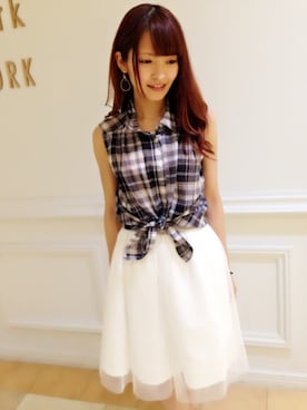 「laboratory work（ラボラトリーワーク）のチェックノースリーブシャツ（シャツ/ブラウス、ブラック系）」を使った、saori.mさん（レディース・158cm）の夏コーディネート