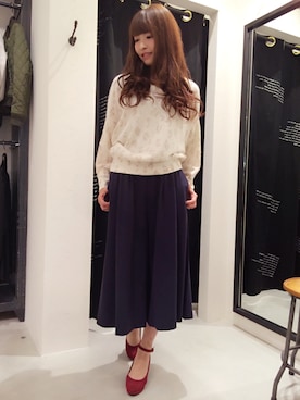 「mysty woman（ミスティウーマン）のヒョウ柄Ｖネックニット（ニット/セーター、ホワイト系）」を使った、saori.mさん（レディース・158cm）の秋コーディネート