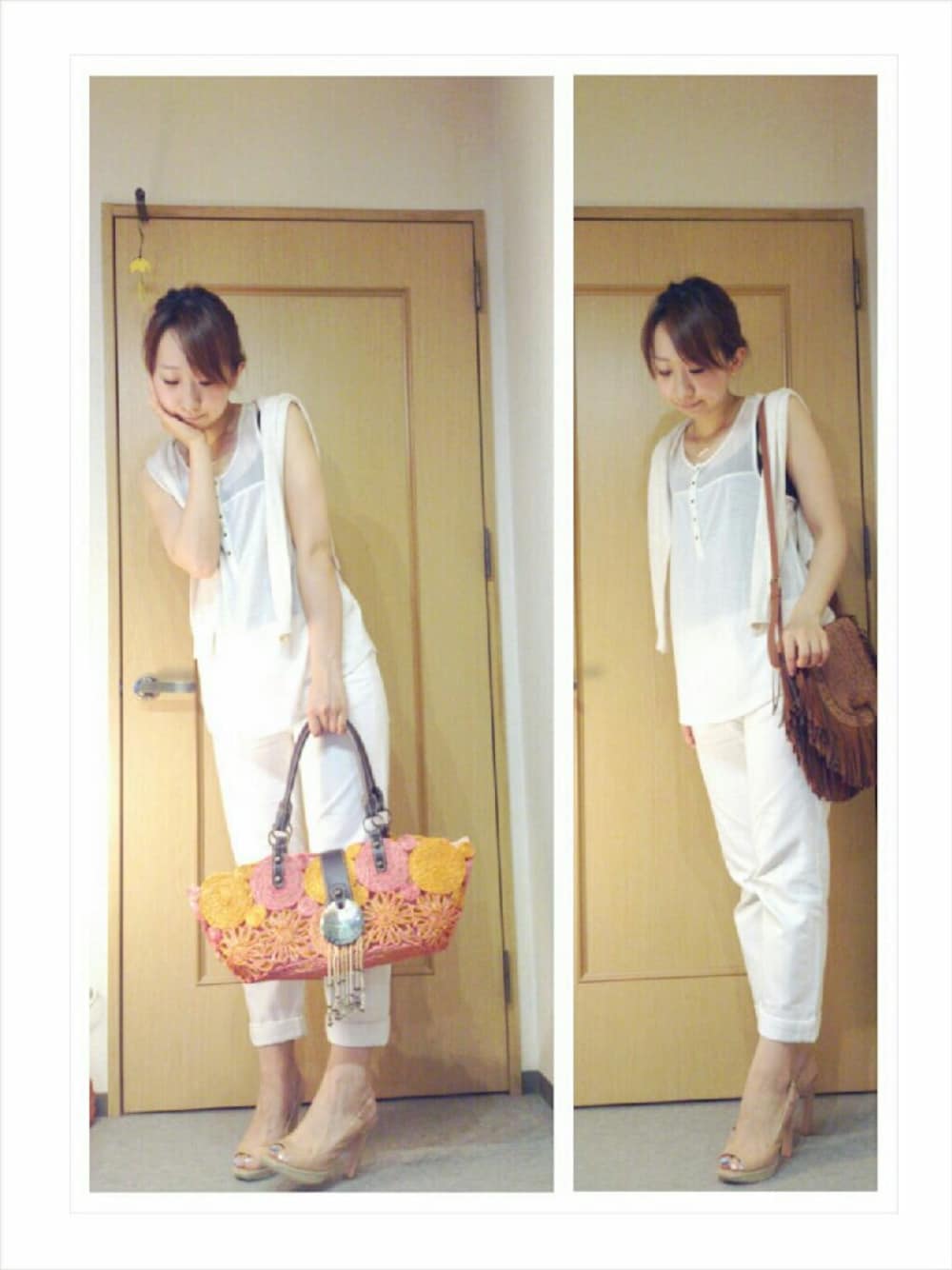 「H&M、GU、白コーデ、ホワイトパンツ、かごバッグ、肩掛けカーデ、DIANA、DouDou」｜「ﾊｰﾄ♡ﾋﾟｱｽ
+ﾊﾟｰﾙｷｬｯﾁ（ピアス（両耳用）、ゴールド系）」を使った、ono-yokoさん（レディース・158cm）の夏コーディネートの1枚目の写真