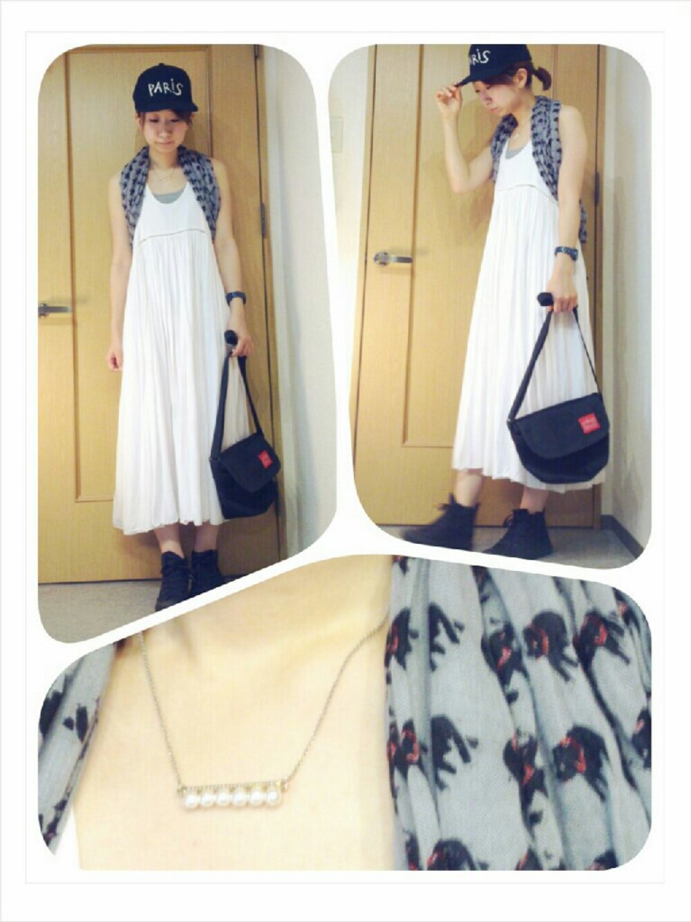 ブラック系のスニーカー、ホワイト系のワンピース、ゴールド系のネックレスを着用したレディースの夏コーディネートの1枚目の写真