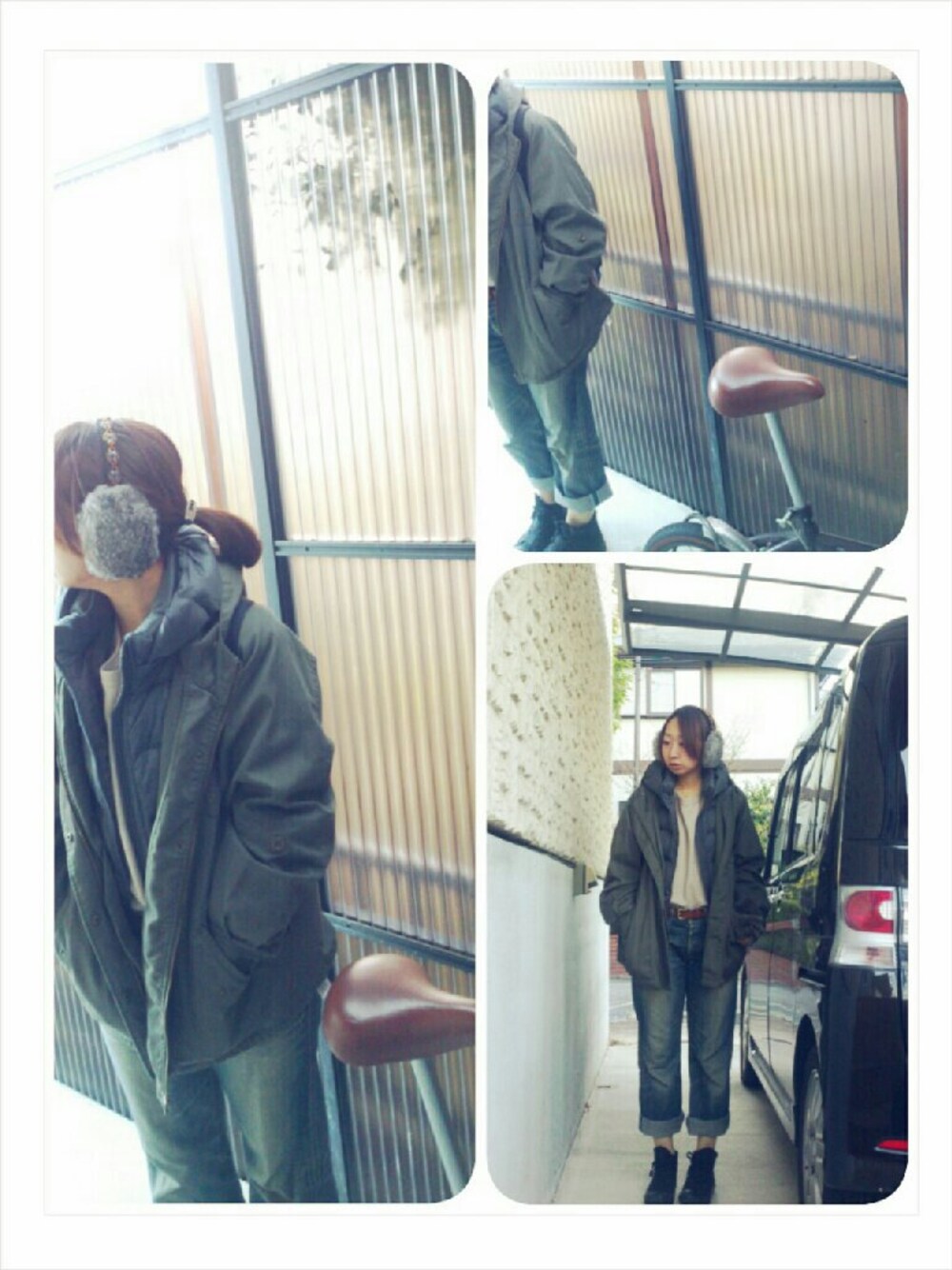 「ハイカットスニーカー、ロケ隊、カジュアル、イヤーマフラー」｜「CONVERSEのCONVERSE all black（スニーカー、ブラック系）」を使った、ono-yokoさん（レディース・158cm）の冬コーディネートの1枚目の写真