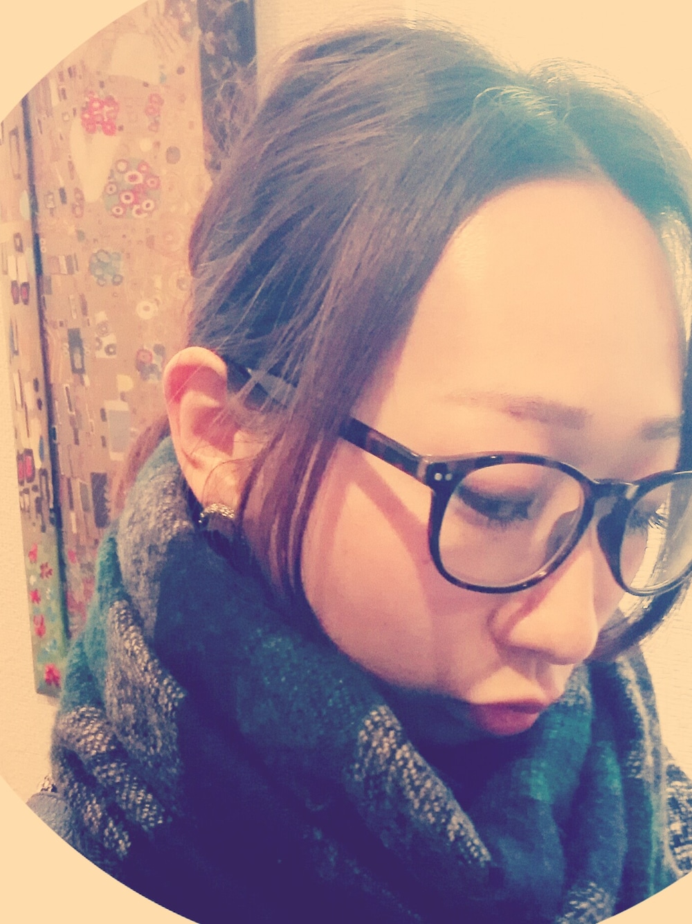 「まいフェス 6、伊達メガネ、ストライプ」｜「???のアイテム（メガネ、ブラウン系）」を使った、ono-yokoさん（レディース・158cm）の冬コーディネートの1枚目の写真
