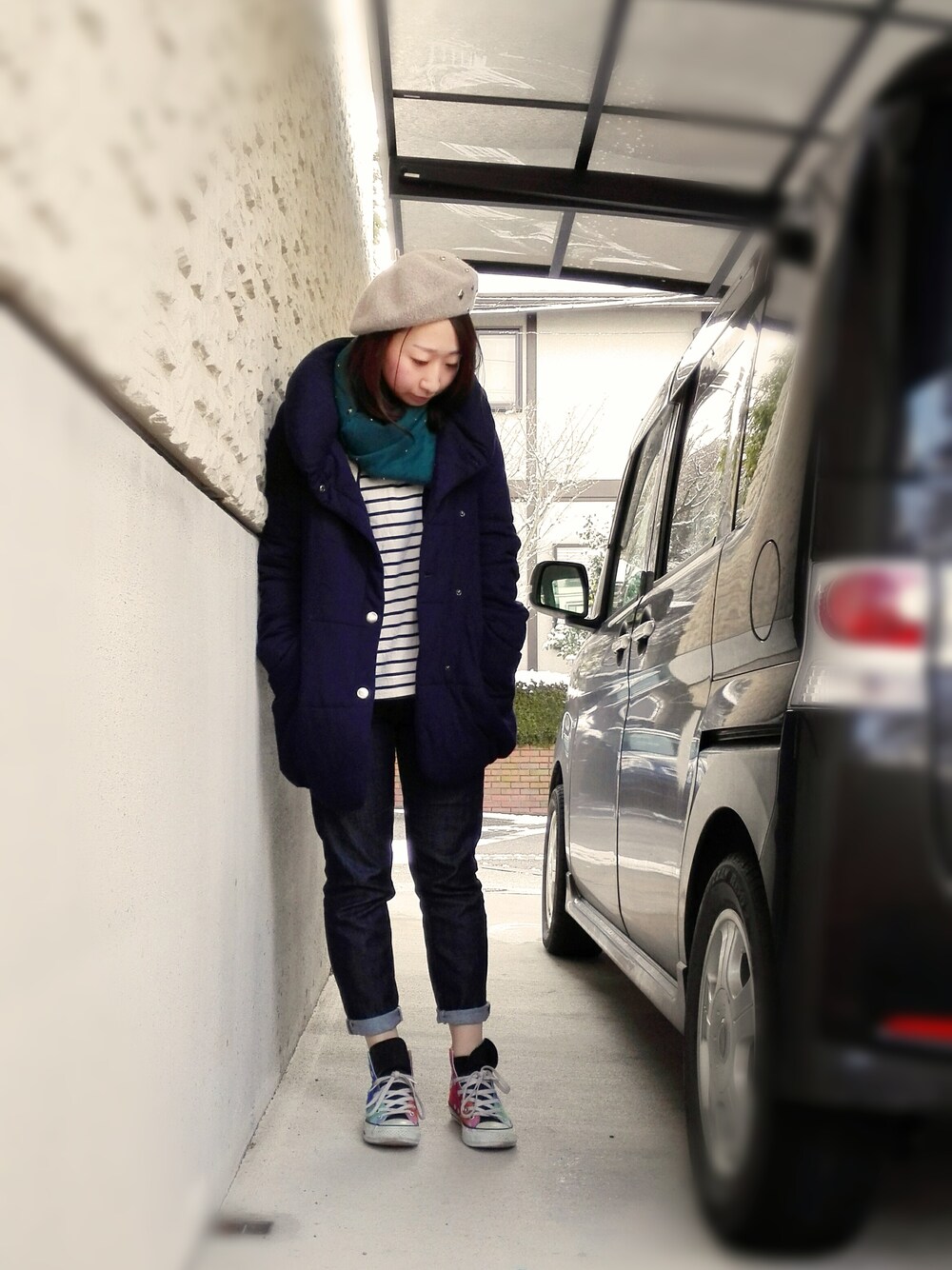 「converse」｜「CONVERSEのconverse* ｶﾗﾌﾙ（スニーカー、その他）」を使った、ono-yokoさん（レディース・158cm）の冬コーディネートの1枚目の写真