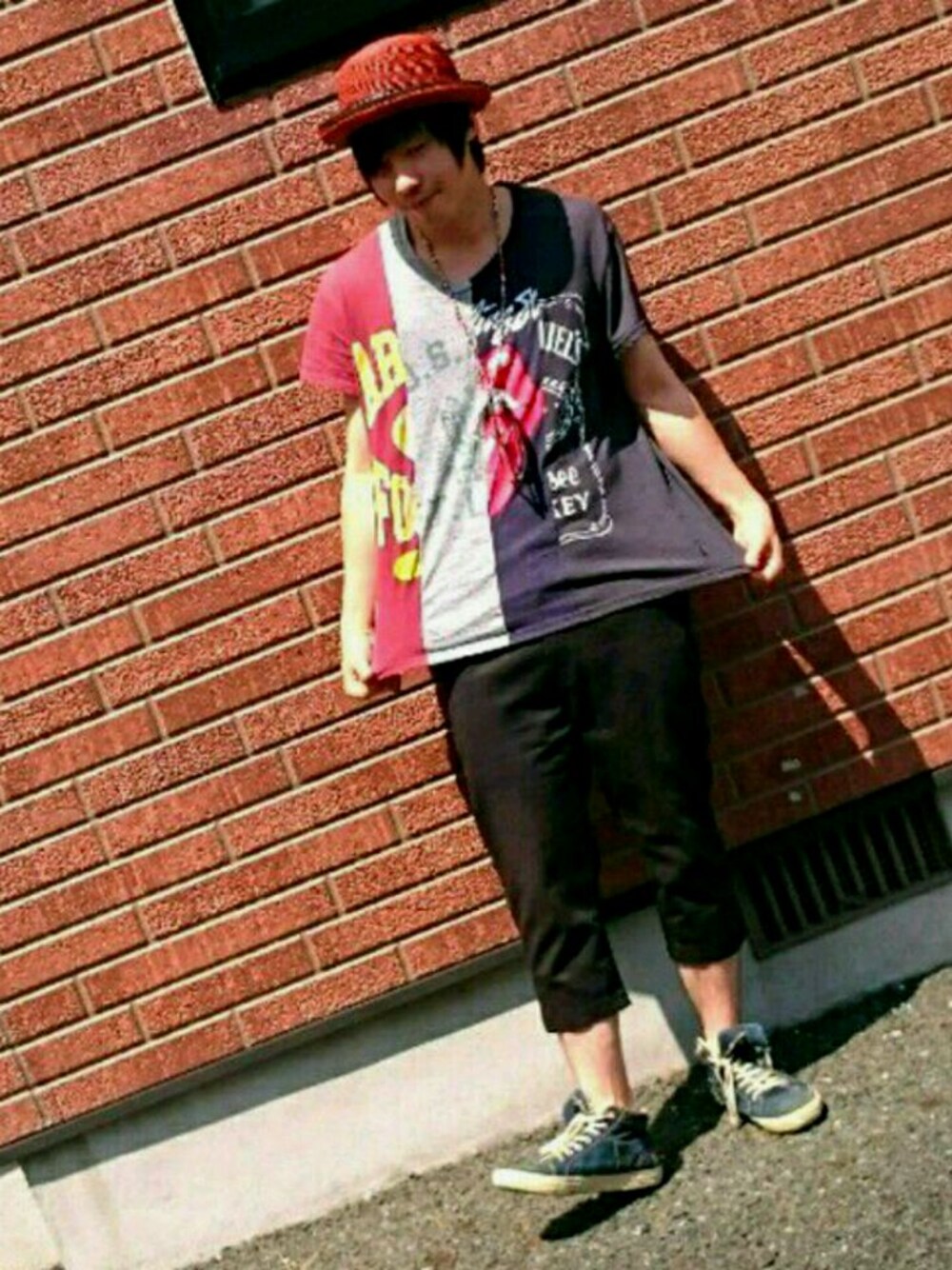 「ゆるコーデ、glamb、むきわら帽子、晴れの日コーデ、ドラフトGLA」｜「glambのDick chino pants Ⅱ by Dickies（その他パンツ、ブラック系）」を使った、後藤さん（メンズ・178cm）の夏コーディネートの1枚目の写真