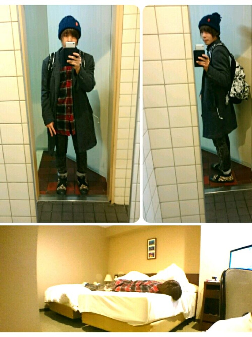 「ライブ、秋冬、オトナカジュアル、アキコーデ、コート、スピンズ、SHAREEF、ニット帽」｜「SHAREEFのSILK TARTAN CHECK LONG SHIRTS（シャツ/ブラウス、レッド系）」を使った、後藤さん（メンズ・178cm）の秋コーディネートの1枚目の写真