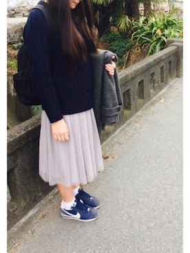 「earth music&ecology（アースミュージックアンドエコロジー）のチュールミディスカート（スカート、グレー系）」を使った、mayuさん（レディース・163cm）の冬コーディネート