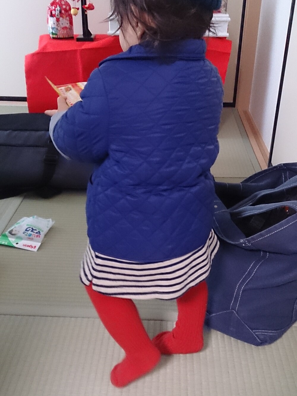 「ボーダー、しましま」｜「PETIT BATEAUのアイテム（ブルゾン、ブルー系）」を使った、Mayuさん（レディース・80cm）の冬コーディネートの1枚目の写真