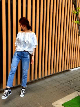 「Auntie Rosa Holiday（アンティローザホリデー）のアイテム（シャツ/ブラウス、ブルー系）」を使った、kanaさん（レディース・153cm）の夏コーディネート