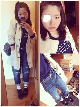「GAP（ギャップ）のアイテム（デニムパンツ、ブルー系）」を使った、moedaさん（151cm）の春コーディネート