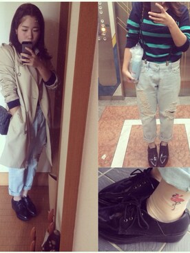「GAP（ギャップ）のアイテム（デニムパンツ、ブルー系）」を使った、moedaさん（151cm）の春コーディネート